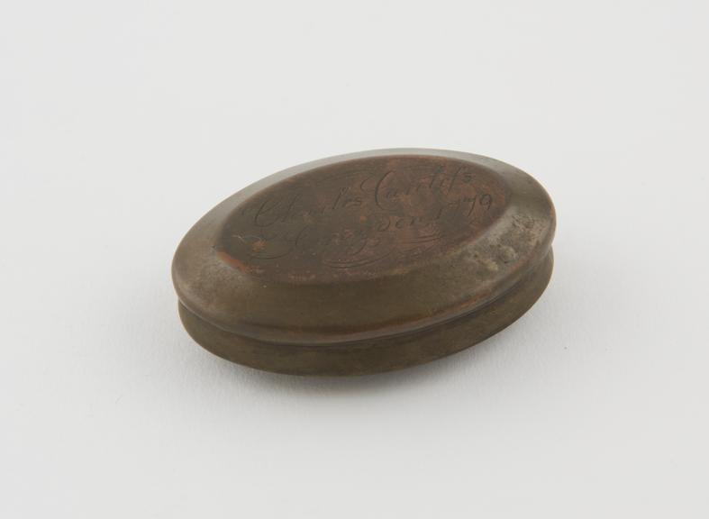 Brass snuff box with hinged lid inscribed Charles Carless