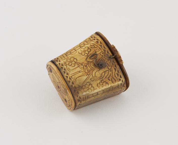 Bone snuff box, supposedly made from part of a tibia, hinge lid