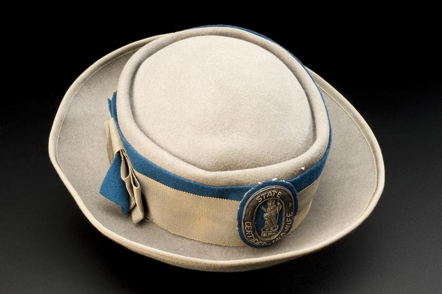State Certified Midwife's hat of grey felt with blue and grey