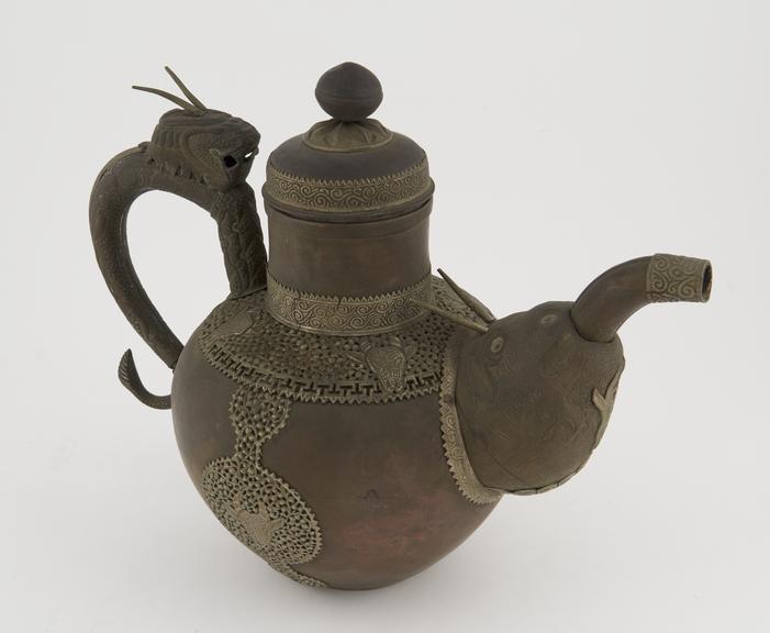 Large round silver(?) mounted bronze(?) teapot