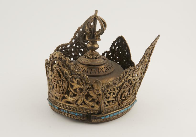 Lama's Tibetan brass crown, probably Nepalese, 1701-1900