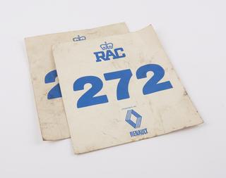 RAC race participation number labels, associated with a 10hp two-cylinder Rolls Royce motorcar