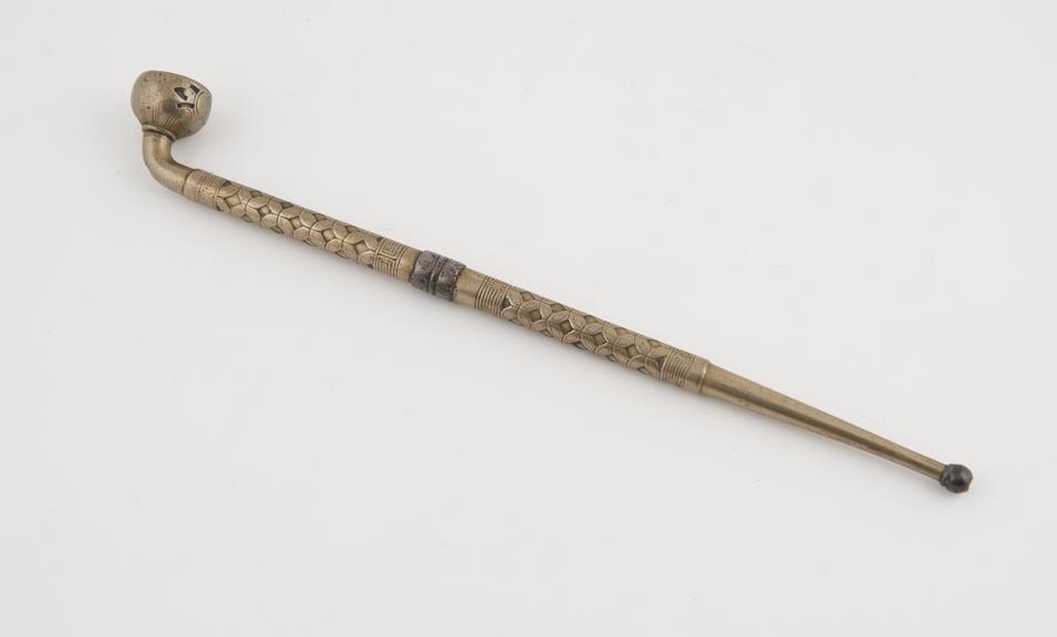 Decorated metal tobacco pipe, unsigned, Chinese, 1850-1930