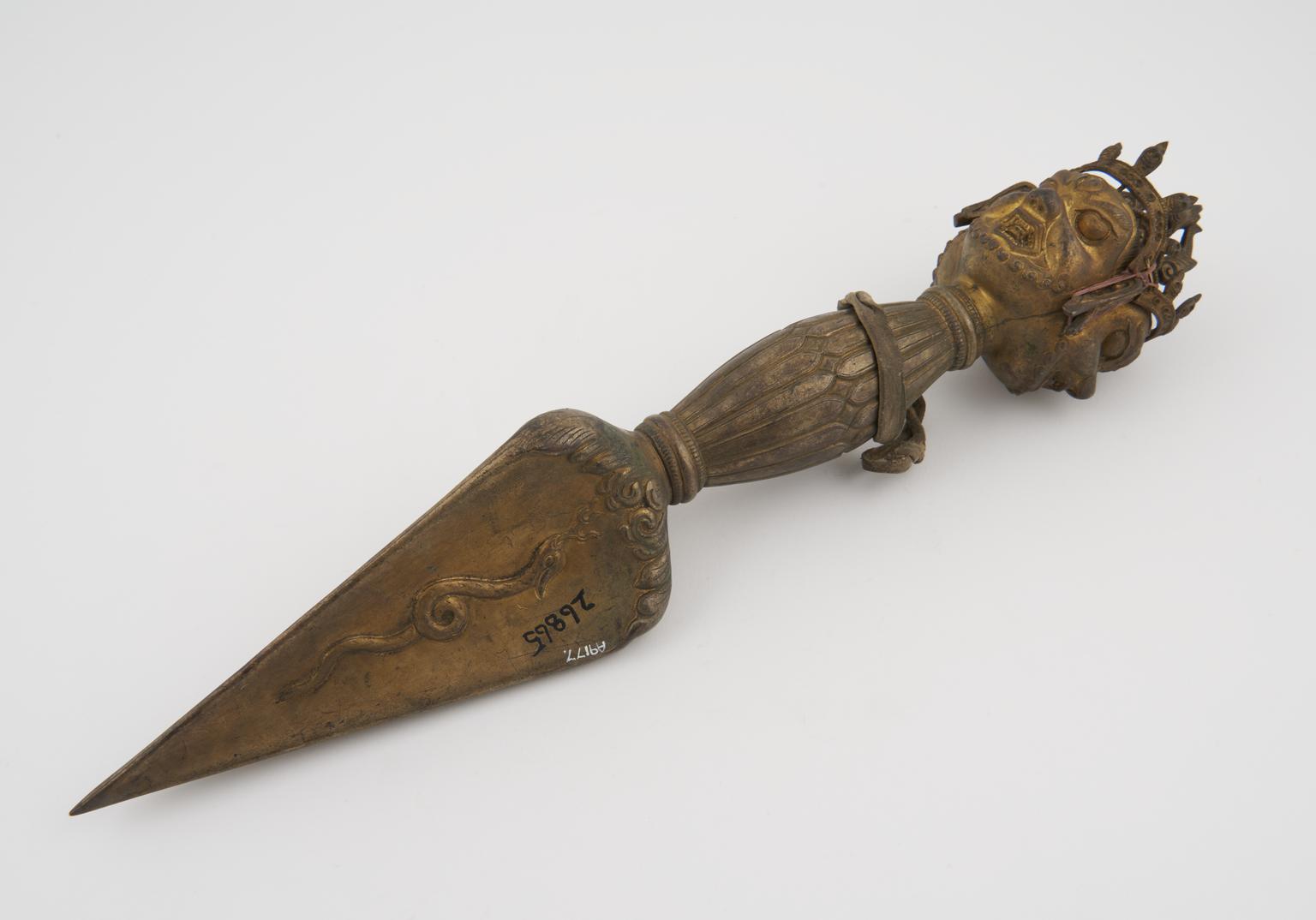 Triangular Pointed Dagger Ritual three-sided dagger of gilt copper with handle and finial in form ...