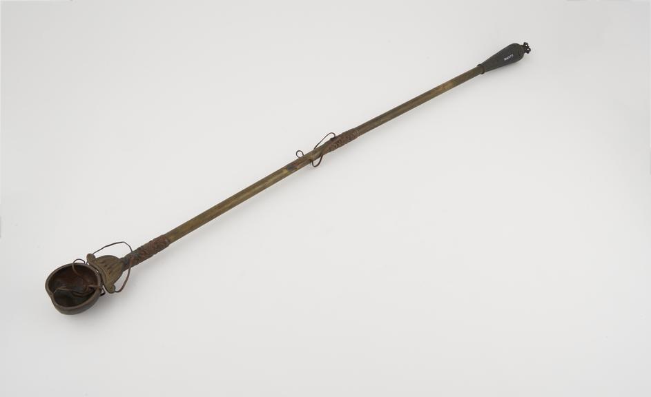 Brass buddhist temple lamp on long arm, Tibetan, 1801-1900