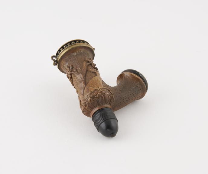 Wood tobacco pipe, bowl only, clay lined, with brass lid