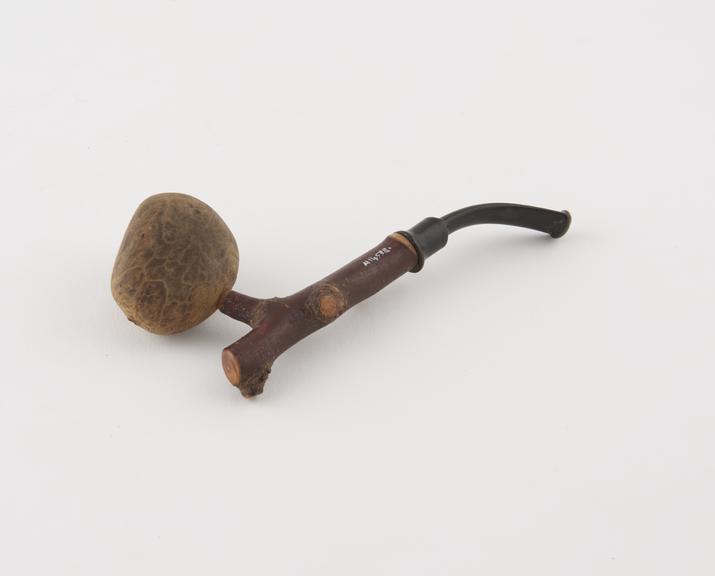 Tobacco pipe, nut bowl, natural cherrywood twig stem