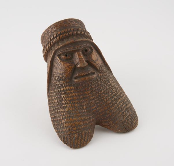 Carved wooden tobacco pipe bowl, in form of bearded male head