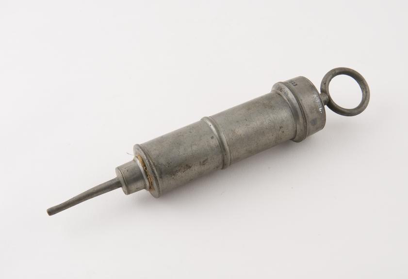 Pewter enema syringe said to be for animals, owned by Dr. P.F