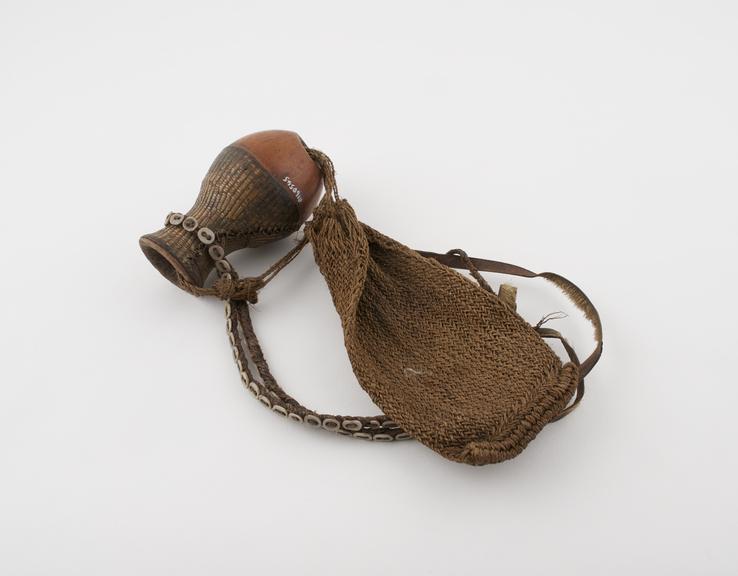 Medicine man's woven fibre bag, gourd container attached to top