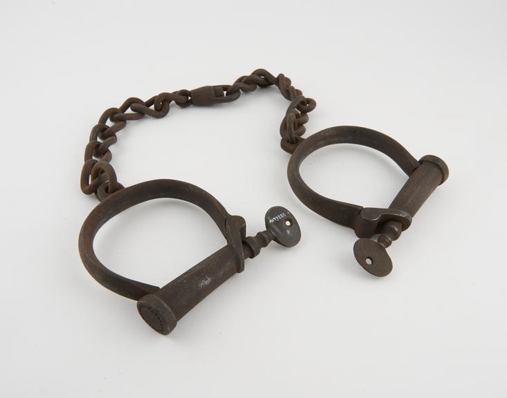 Leg irons, made of iron, by Hiatt, English, 19th century