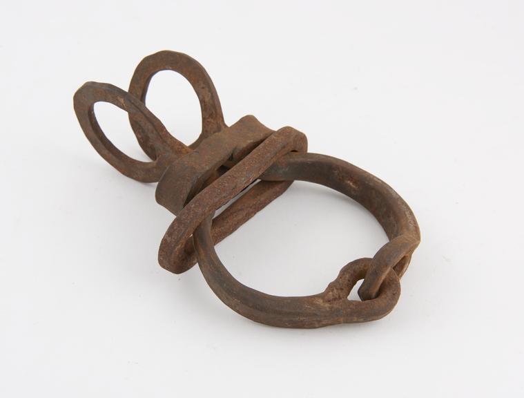 Leg irons, crude, reputedly Spanish, 17th to 18th centuries