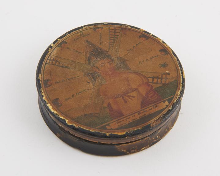 Papier mache snuff box, circular with detachable lid, French