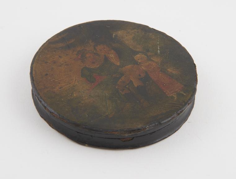 Papier-mache snuff box, circular