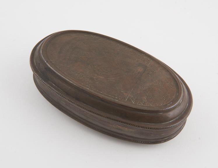 Oval copper snuff box, hinged in two halves