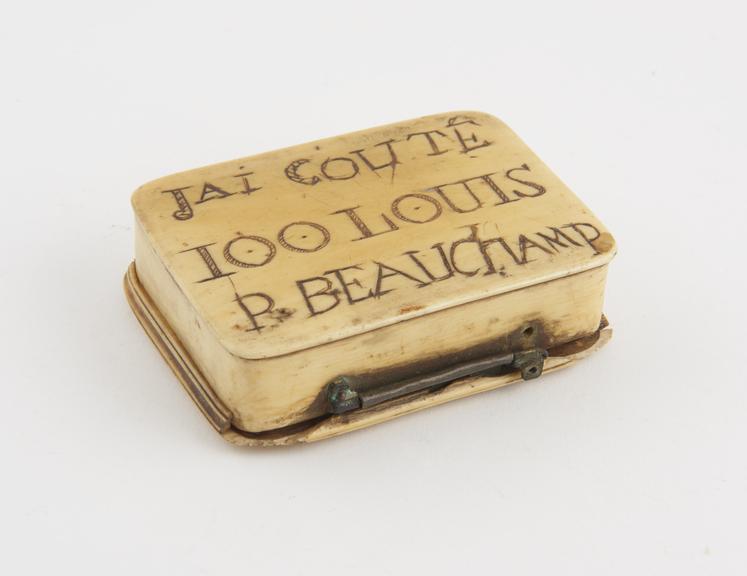 Ivory snuff box, rectangular shaped, brass hinged lid