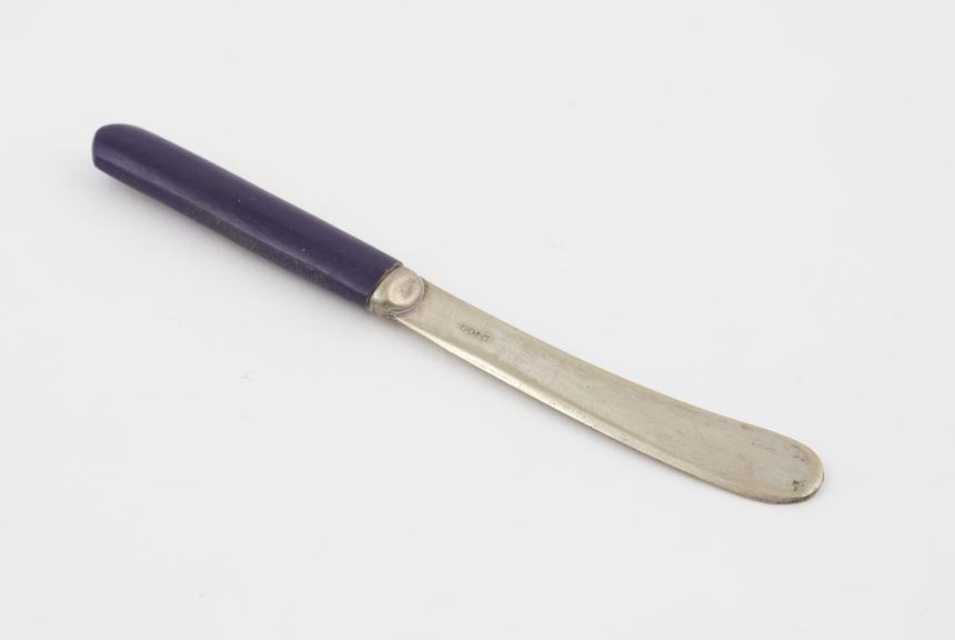 Butter knife with purple Parkesine handle; steel blades