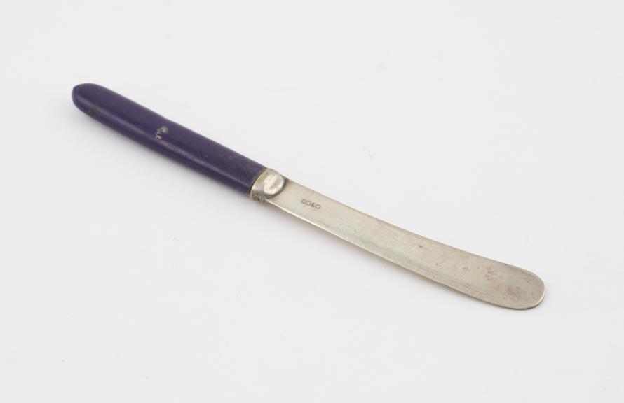 Butter knife with purple Parkesine handle; steel blades