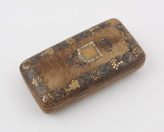 Imitation horn Parkesine box, inlaid with brass, silver, and nacre