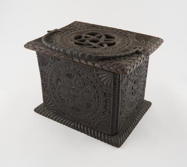 Container, wood with metal handle, ornate decoration