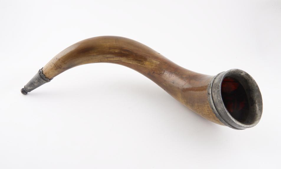 Drinking horn, with pewter mounts