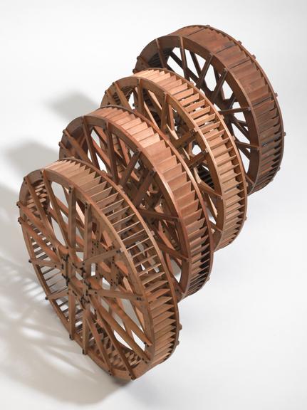 Four water wheel models. Front to back: Inv. No