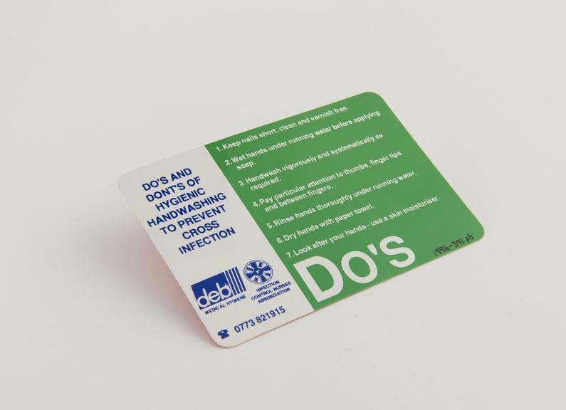 Card describing the 'Do's and don'ts of hygienic handwashing to