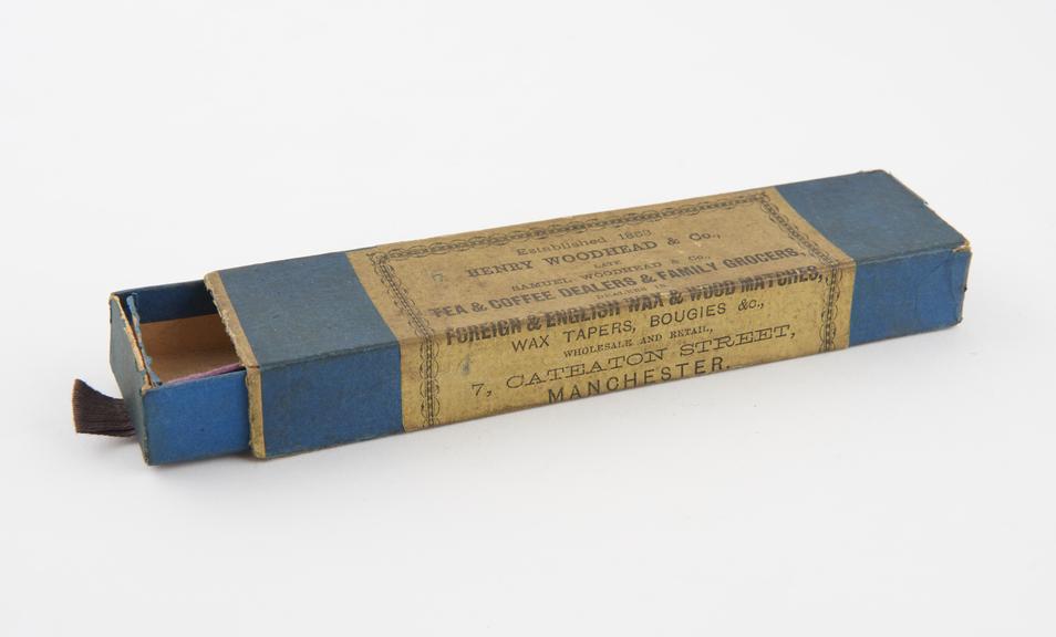 Oblong match box, either for wood or wax matches or tapes