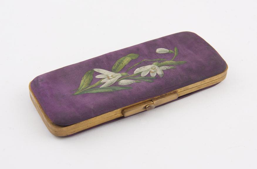 Purple silk cigar case with brass frame