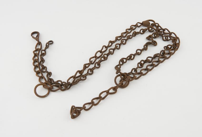 Chain, two joined lengths with spring catch and shackle