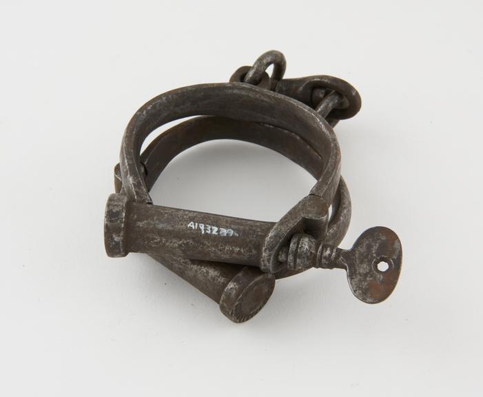 Handcuffs, with key, iron, English pattern, made in Cape Town