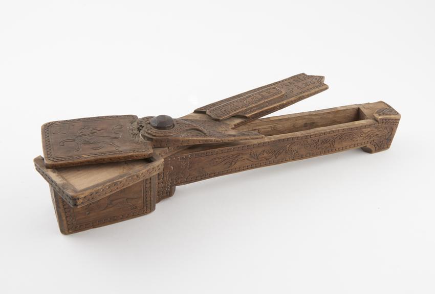 Pen case(?), carved wood, possibly Swiss, dated 1846