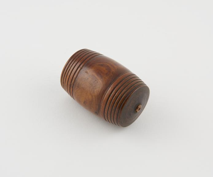 Wooden match container, turned and polished, barrel-shaped