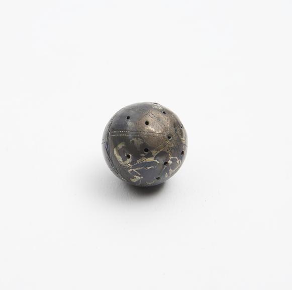 silver pomander, spherical, pierced, unscrews