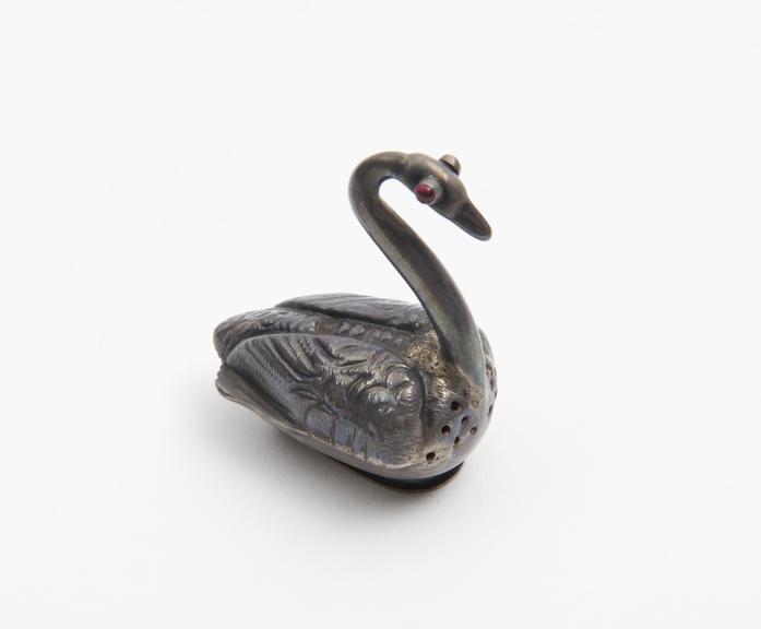 Silver pomander, in the form of a swan, with red stone eyes