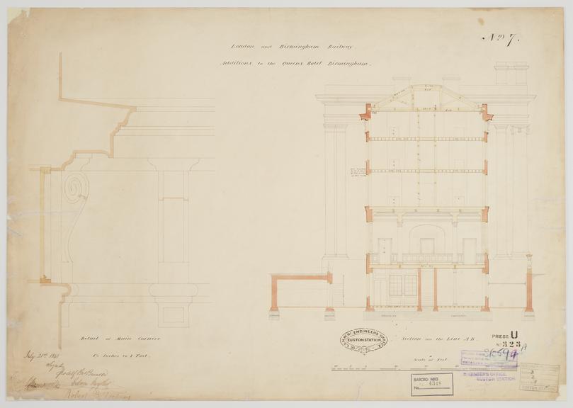 Drawing of Curzon Street Station, Birmingham (London & Birmingham Railway), showing detail of main cornice, section showing all floors, signed by Robert B. Dochray, Edwin Gwythen and Joseph [Branson?]