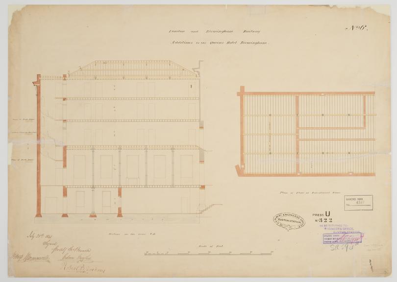 Drawing of Curzon Street Station, Birmingham (London & Birmingham Railway), showing plan of floor of the refreshment room, section showing all floors, signed by Joseph George Branson?, Edwin Gwythen and Robert B. Dochray