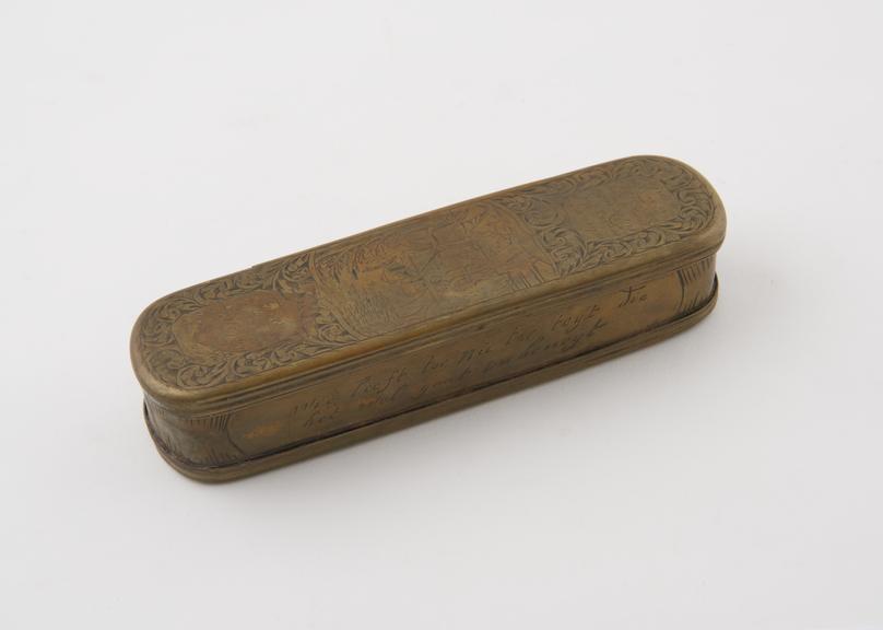 Brass tobacco box or snuff box, oblong, with rounded ends