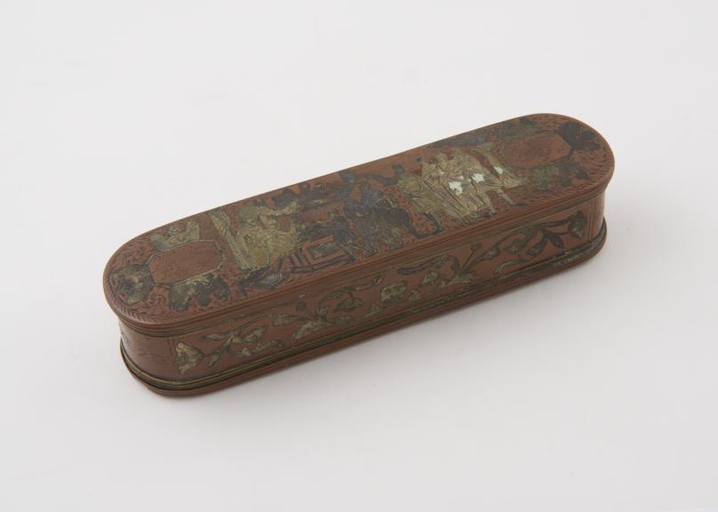 Tobacco box, oblong, with rounded ends, copper