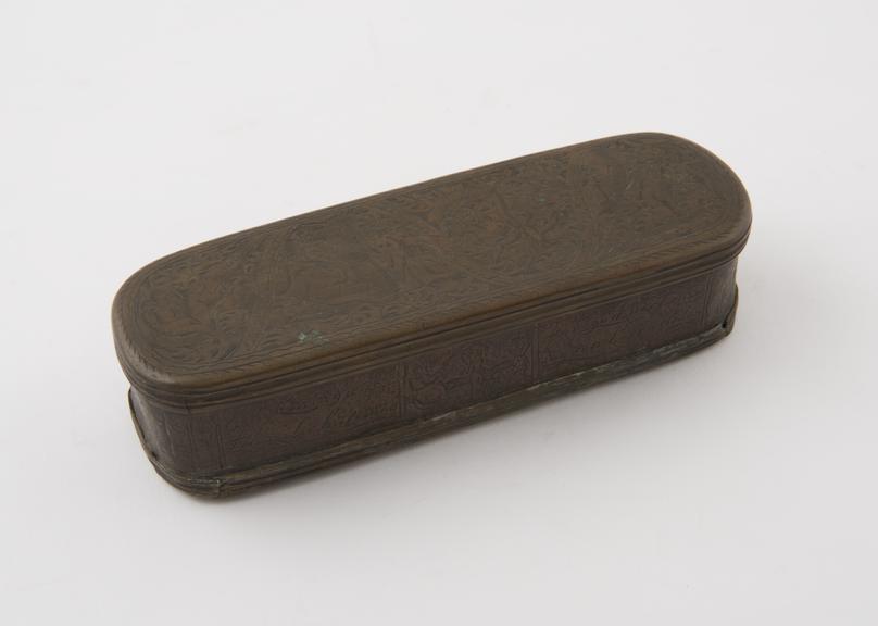 Tobacco box, oblong with rounded ends, brass lid and base