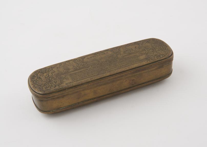 Tobacco box, brass, oblong with rounded ends