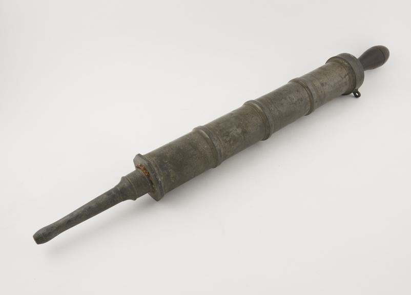 Enema syringe, horse, pewter and wood, probably British