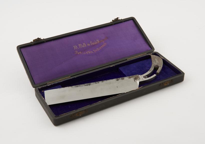 Microtome knife, steel, in leather covered case