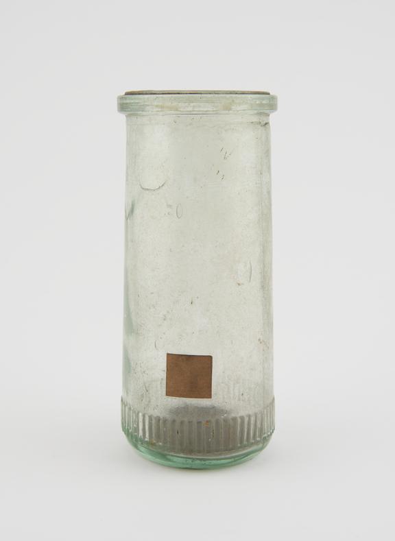 Storage bottle, pale green glass, empty, English, 1900-1940