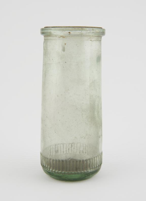 Storage bottle, pale green glass, empty, English, 1900-1940