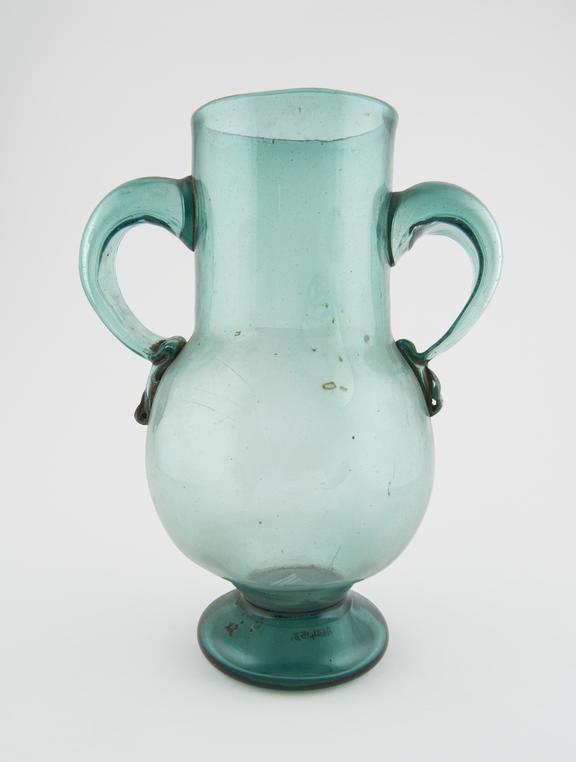 Pharmacy display bottle, aqua glass, possibly English, 1801-1875