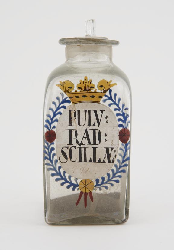 Bottle, for powdered squill root, with painted inscription