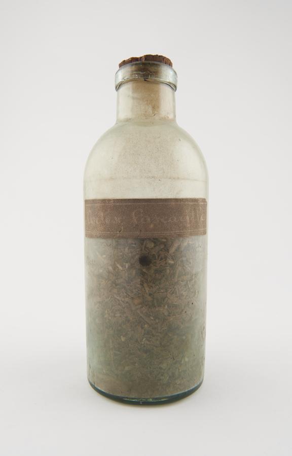 Bottle, pale green glass, of anlex cascarylla, English