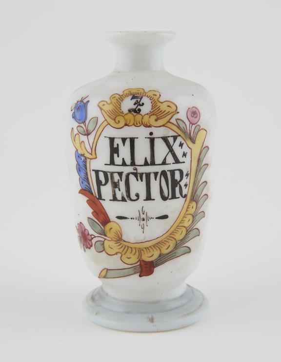 Glass bottle, opaque white, inscribed Elixir:Pector:'