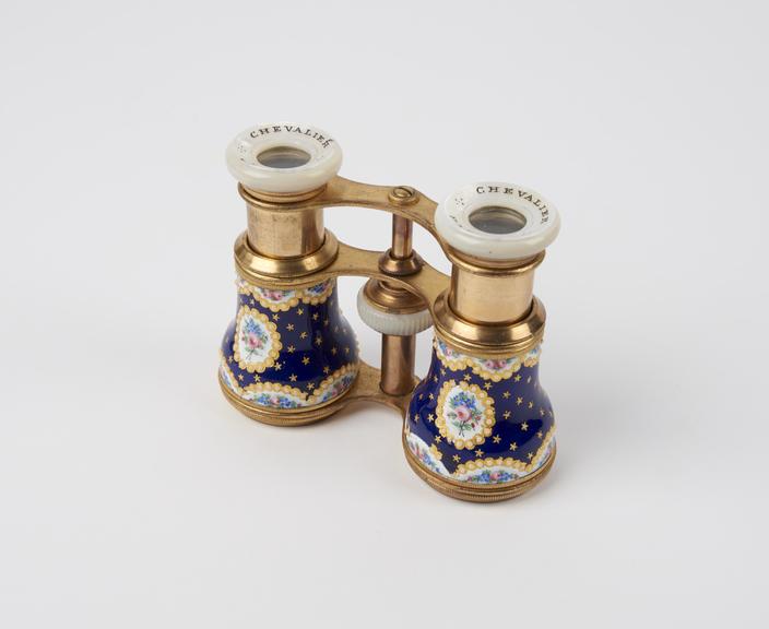 Binocular opera glasses with enamel and mother-of-pearl